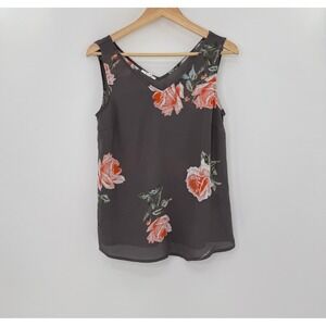 Maurice's Gray Floral Print Sleeveless Blouse V‎ Neck Chiffon Blouse XS Preppy